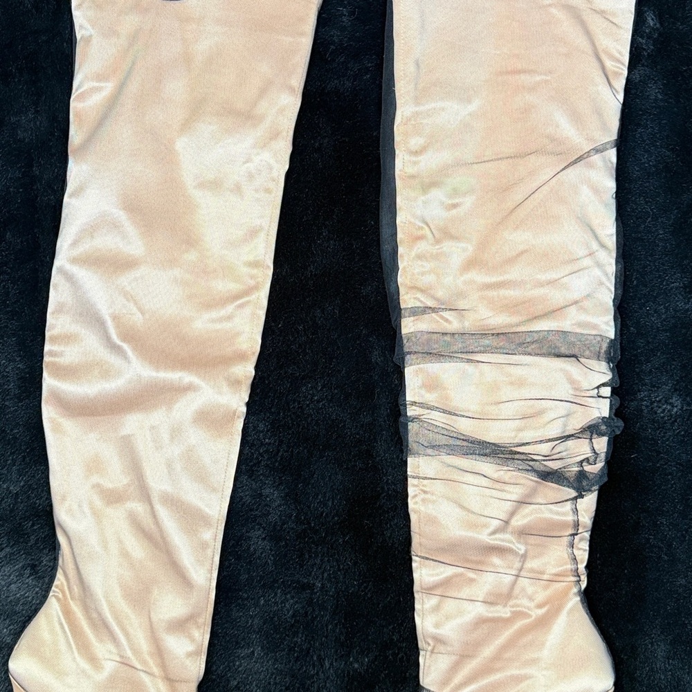 Elegant Light Pink Satin Heeled Boots with black sheer covering. Scrunch Able